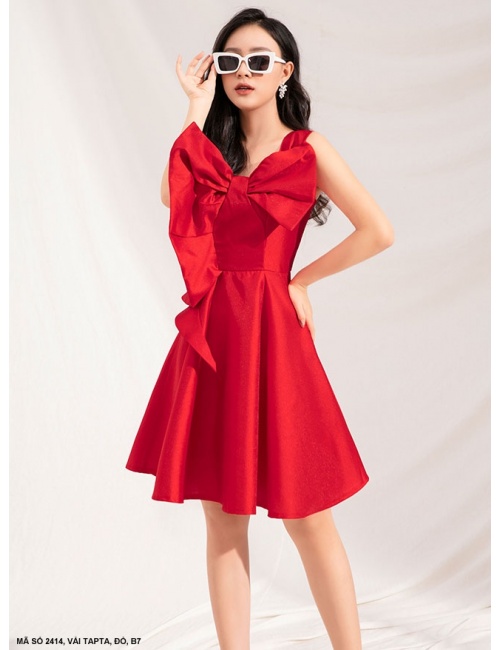Đầm Xòe Một Vai Dún Nơ Lớn Trước Ngực - 2414