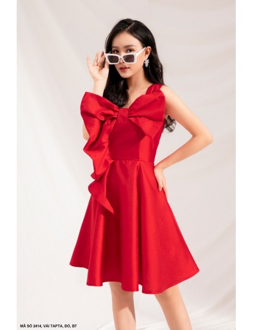 Đầm Xòe Một Vai Dún Nơ Lớn Trước Ngực - 2414