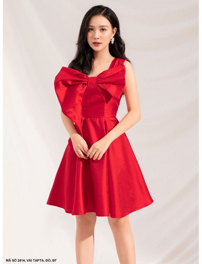 Đầm Xòe Một Vai Dún Nơ Lớn Trước Ngực - 2414