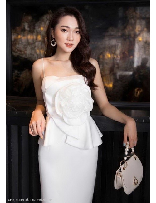 Đầm Ôm 2 Dây Lai Áo Xòe Đính Hoa Hồng Lớn Toàn Thân Trước - 2418