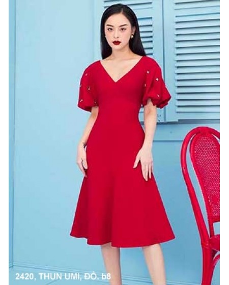 Đầm Xòe Cổ Tim Tay Ngắn Dún - 2420