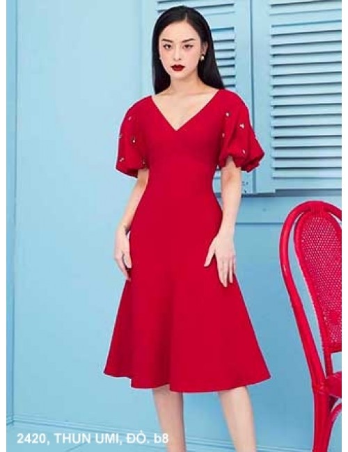 Đầm Xòe Cổ Tim Tay Ngắn Dún - 2420