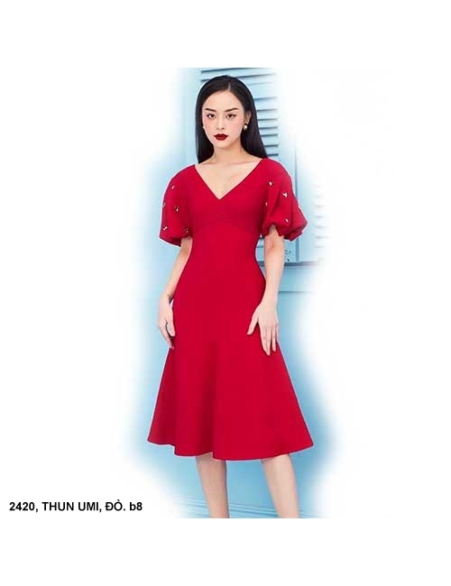 Đầm Xòe Cổ Tim Tay Ngắn Dún - 2420