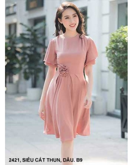 Đầm Xòe Tay Ngắn Dún Đính Hoa Hồng Bên Eo - 2421