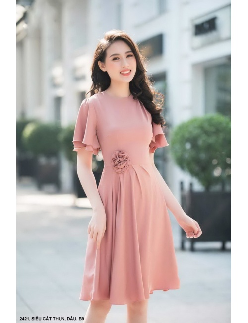 Đầm Xòe Tay Ngắn Dún Đính Hoa Hồng Bên Eo - 2421