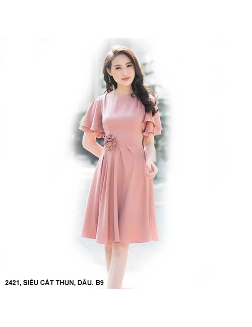 Đầm Xòe Tay Ngắn Dún Đính Hoa Hồng Bên Eo - 2421