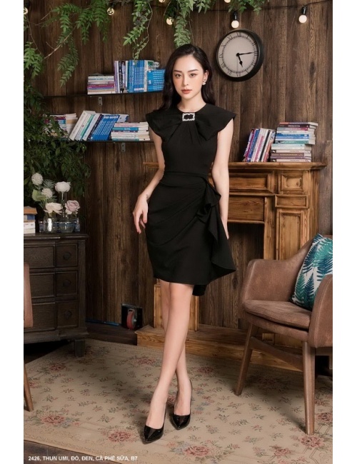 Đầm Dún Eo Tay Dún Đính Khoen - 2426