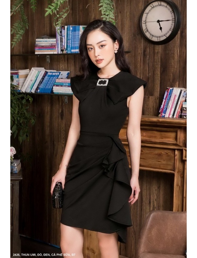 Đầm Dún Eo Tay Dún Đính Khoen - 2426