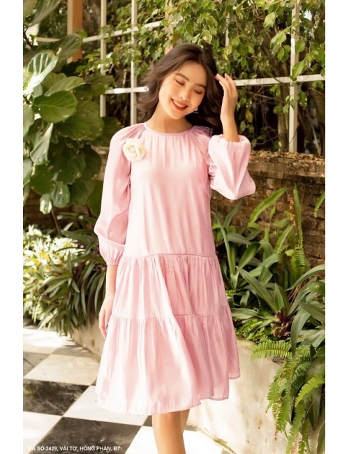 Đầm Xòe Dún 2 Tầng Tay Dài Dún Ngực Đính Hoa Hồng - 2429