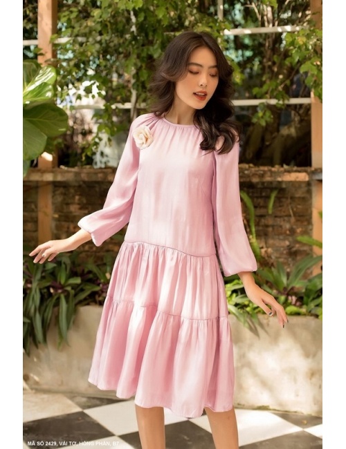 Đầm Xòe Dún 2 Tầng Tay Dài Dún Ngực Đính Hoa Hồng - 2429