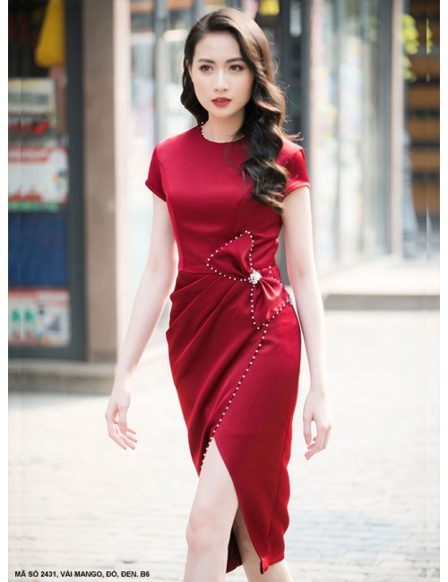 Đầm Cổ Thuyền Tay Ngắn Eo Đính Nơ Đinh Ngọc Trai - 2431