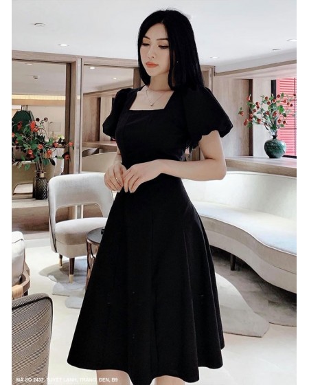 Đầm Xòe Cổ Vuông Tay Ngắn Dún - 2432