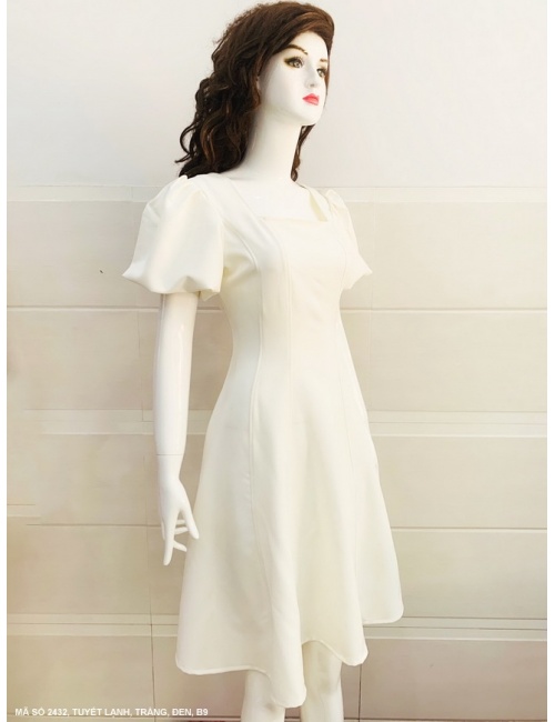 Đầm Xòe Cổ Vuông Tay Ngắn Dún - 2432