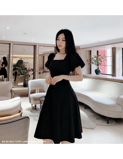 Đầm Xòe Cổ Vuông Tay Ngắn Dún - 2432
