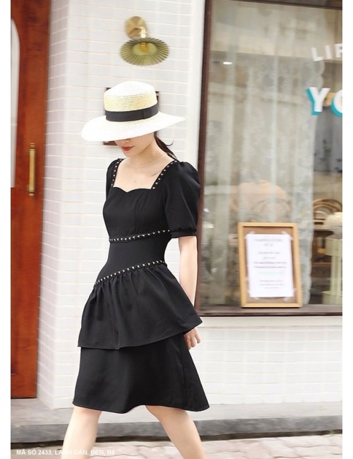 Đầm Xòe 2 Tầng Cổ Vuông Tay Ngắn Dún - 2433