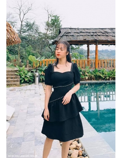 Đầm Xòe 2 Tầng Cổ Vuông Tay Ngắn Dún - 2433