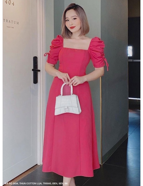 Đầm Xòe Cổ Vuông Tay Lở Dún Rút Dây - 2434