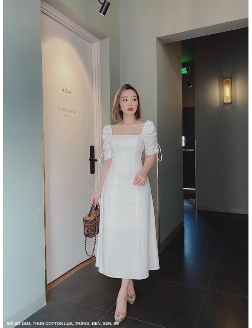 Đầm Xòe Cổ Vuông Tay Lở Dún Rút Dây - 2434