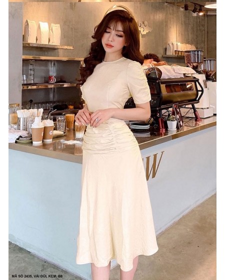 Đầm Xòe Tay Ngắn Dún Tay Dún Eo - 2435