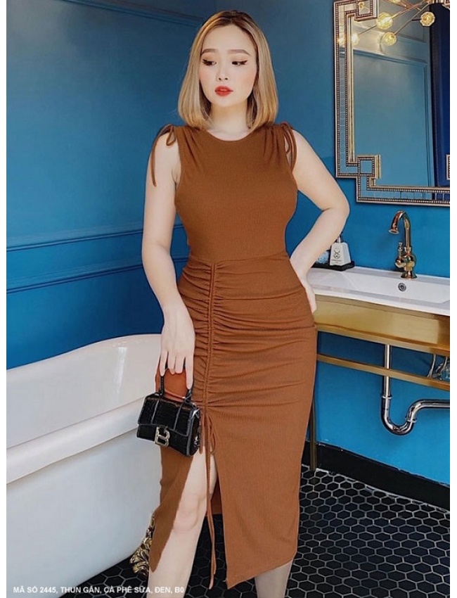 Đầm Ôm Sát Nách Rút Dây Lai Xẻ Tà Rút Dây - 2445