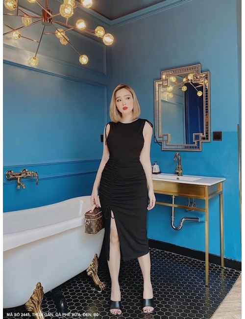 Đầm Ôm Sát Nách Rút Dây Lai Xẻ Tà Rút Dây - 2445
