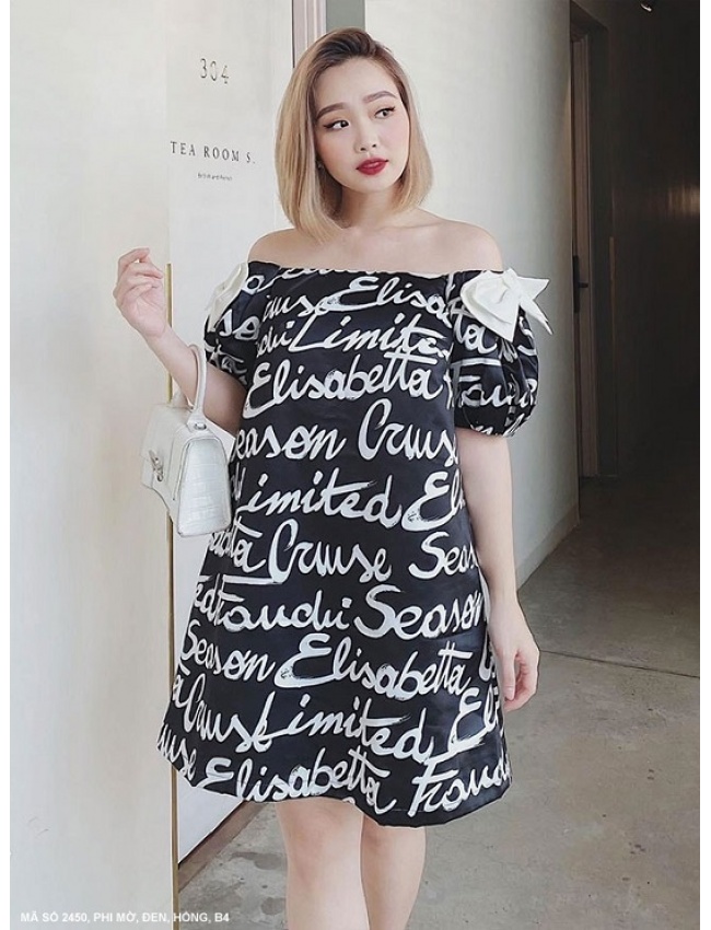 Đầm Tay Ngắn Rớt Vai In Chữ Cá Tính - 2450