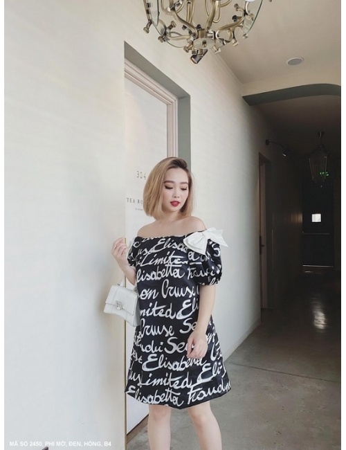 ĐẦM TAY NGẮN RỚT VAI IN CHỮ CÁ TÍNH - 2450