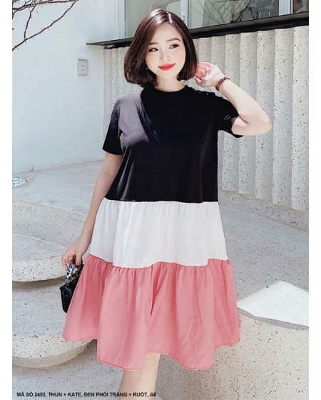 Đầm Xòe Tay Ngắn Phối 3 Màu Xinh Xắn - 2452