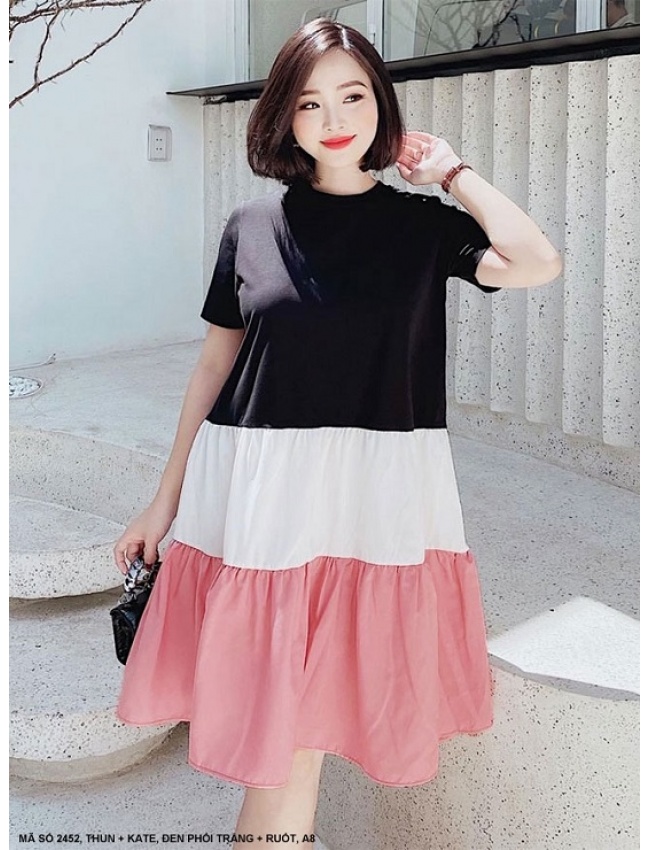 Đầm Xòe Tay Ngắn Phối 3 Màu Xinh Xắn - 2452