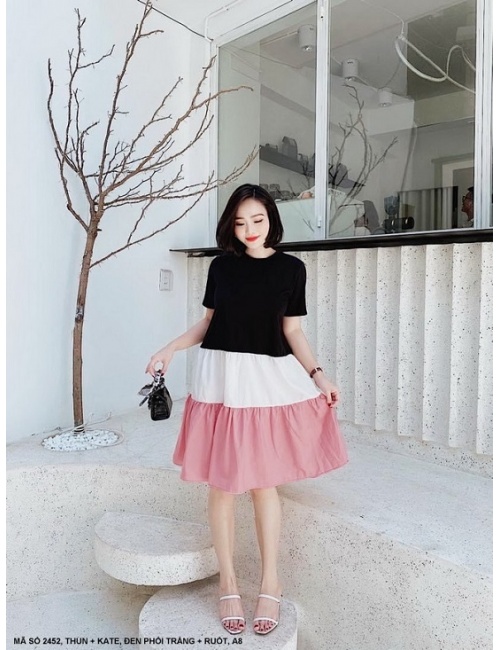 Đầm Xòe Tay Ngắn Phối 3 Màu Xinh Xắn - 2452