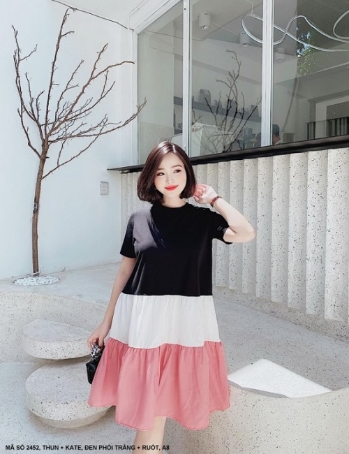 Đầm Xòe Tay Ngắn Phối 3 Màu Xinh Xắn - 2452