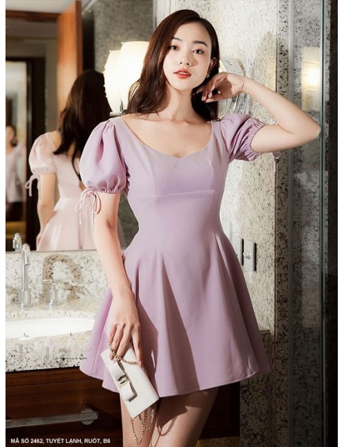 Đầm Xòe Cổ Tim Tay Ngắn Dún Thắt Nơ - 2462