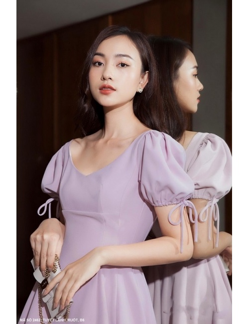Đầm Xòe Cổ Tim Tay Ngắn Dún Thắt Nơ - 2462