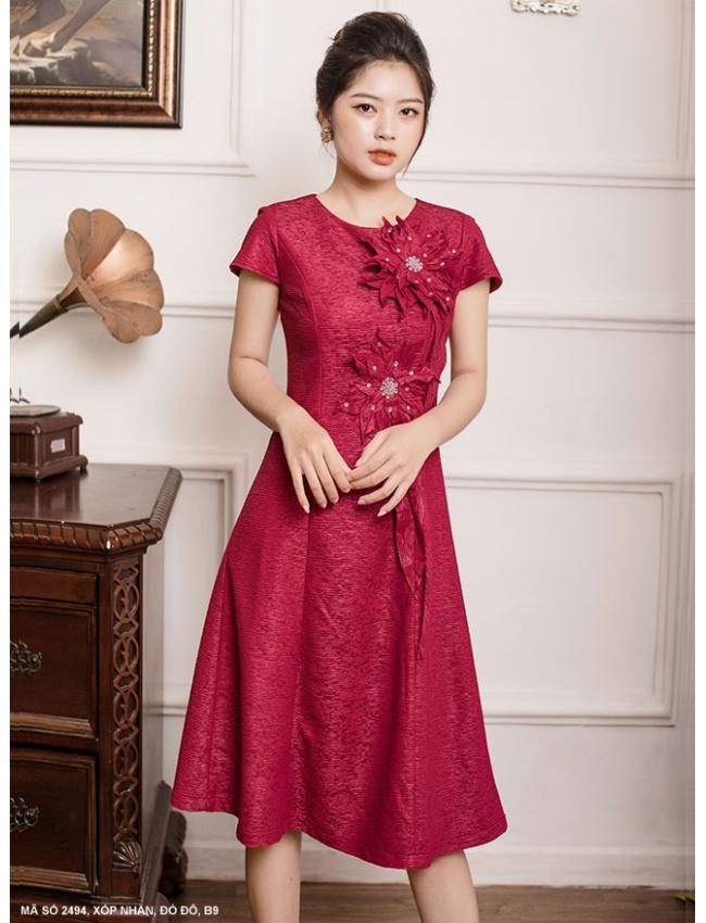 Đầm Kết 2 Hoa Trước Ngực - 2494