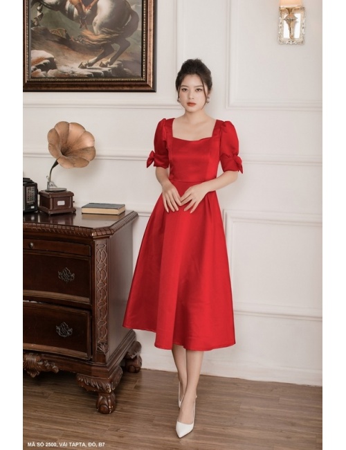 Đầm Xòe Cổ Vuông Tay Ngắn Đính Nơ Trên Tay - 2500