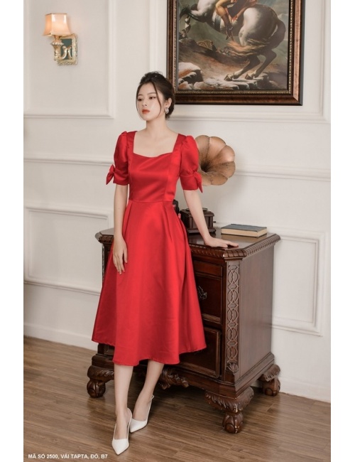 Đầm Xòe Cổ Vuông Tay Ngắn Đính Nơ Trên Tay - 2500