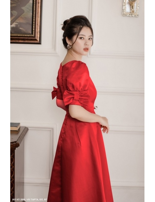Đầm Xòe Cổ Vuông Tay Ngắn Đính Nơ Trên Tay - 2500