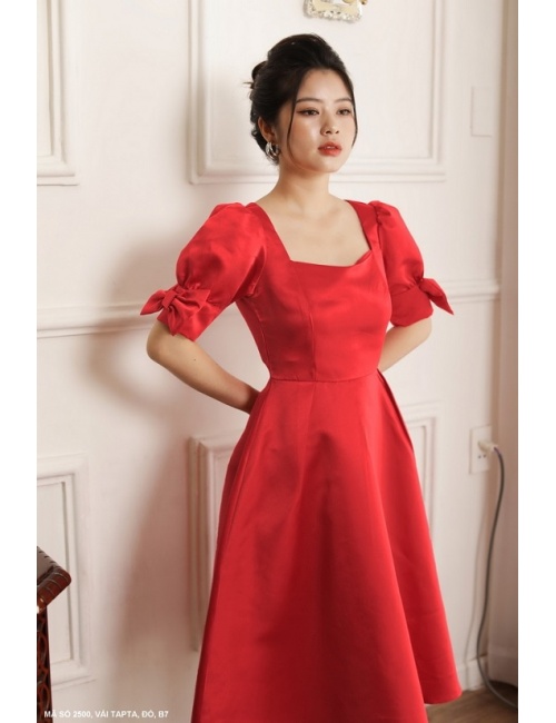 Đầm Xòe Cổ Vuông Tay Ngắn Đính Nơ Trên Tay - 2500