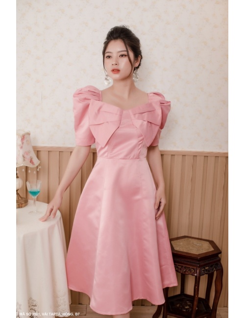 Đầm Tay Ngắn Phồng Nơ Lớn Trước Ngực 2501