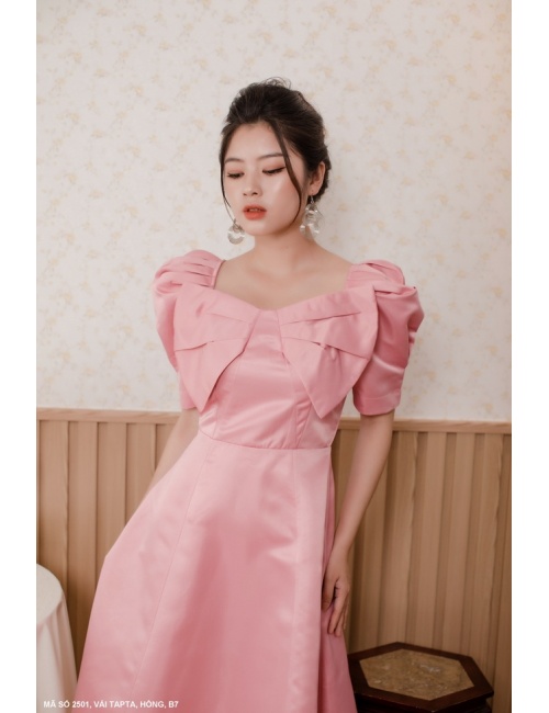 Đầm Tay Ngắn Phồng Nơ Lớn Trước Ngực 2501