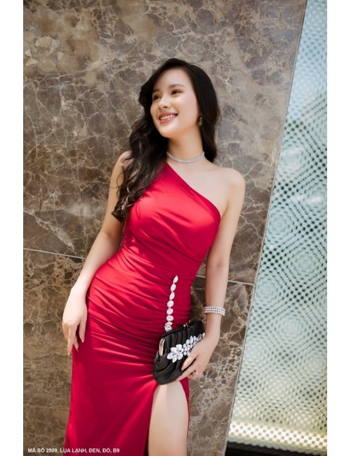 Đầm Cổ Xéo Một Vai Đính Hạt Xoàn Xẻ Lai - 2509