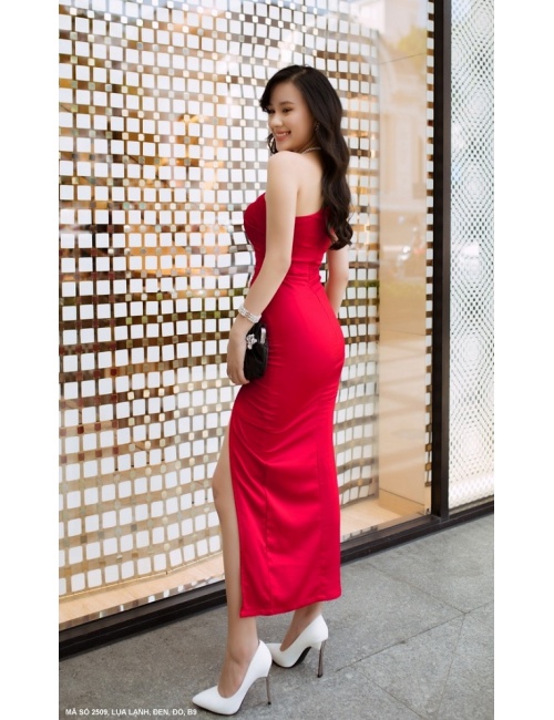 Đầm Cổ Xéo Một Vai Đính Hạt Xoàn Xẻ Lai - 2509