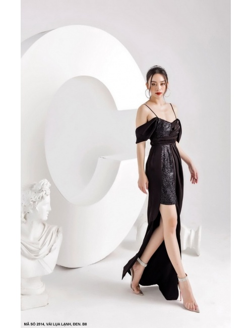 Đầm Dạ Hội Trễ Vai Phối Kim Sa - 2514
