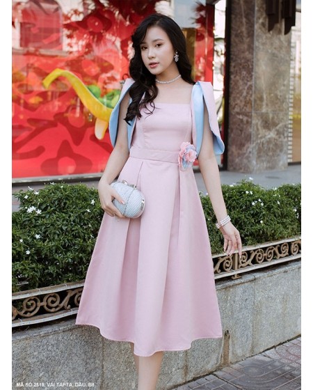 Đầm Cổ Vuông Tay Sát Nách Loe Eo Đính Hoa Hồng - 2518