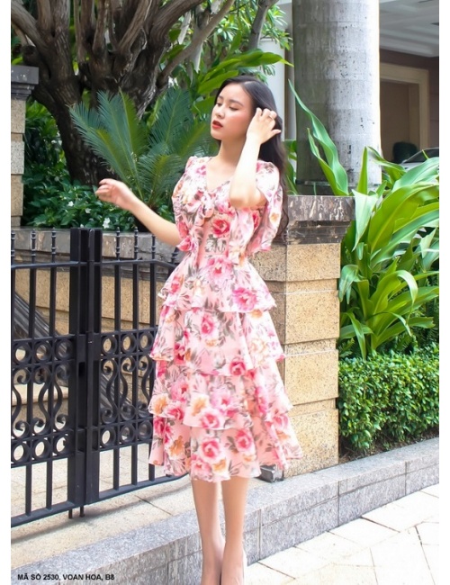 Đầm Hoa 5 Tầng Cột Nơ Trước Ngực - 2530