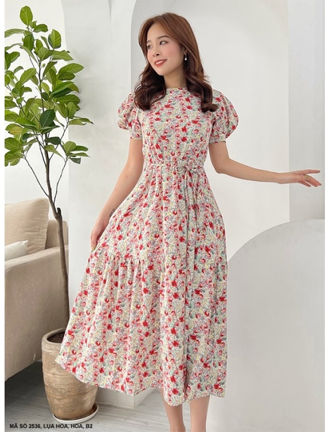 Đầm Maxi Tay Ngắn Phồng Cột Nơ Eo - 2536