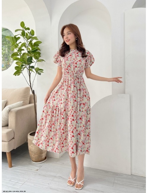 Đầm Maxi Tay Ngắn Phồng Cột Nơ Eo - 2536