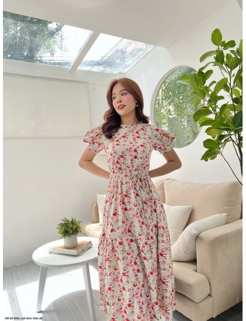 Đầm Maxi Tay Ngắn Phồng Cột Nơ Eo - 2536
