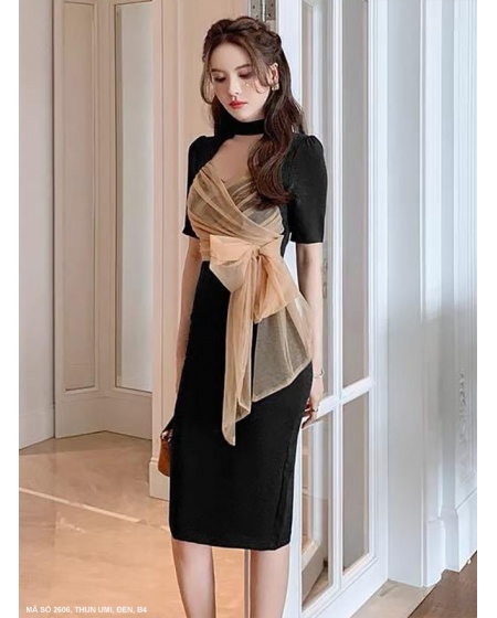 Đầm Ôm Dạ Tiệc Tay Ngắn Quấn Nơ Lưới Quanh Ngực - 2606