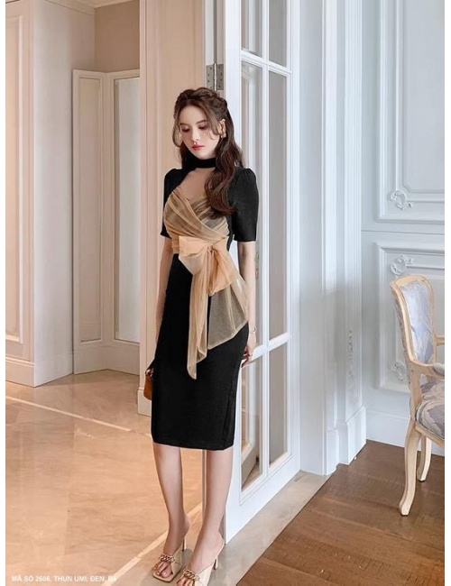 Đầm Ôm Dạ Tiệc Tay Ngắn Quấn Nơ Lưới Quanh Ngực - 2606